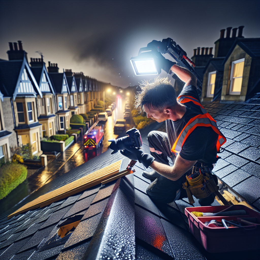 Emergency roofers repairing a storm-damaged home in St Andrews at night