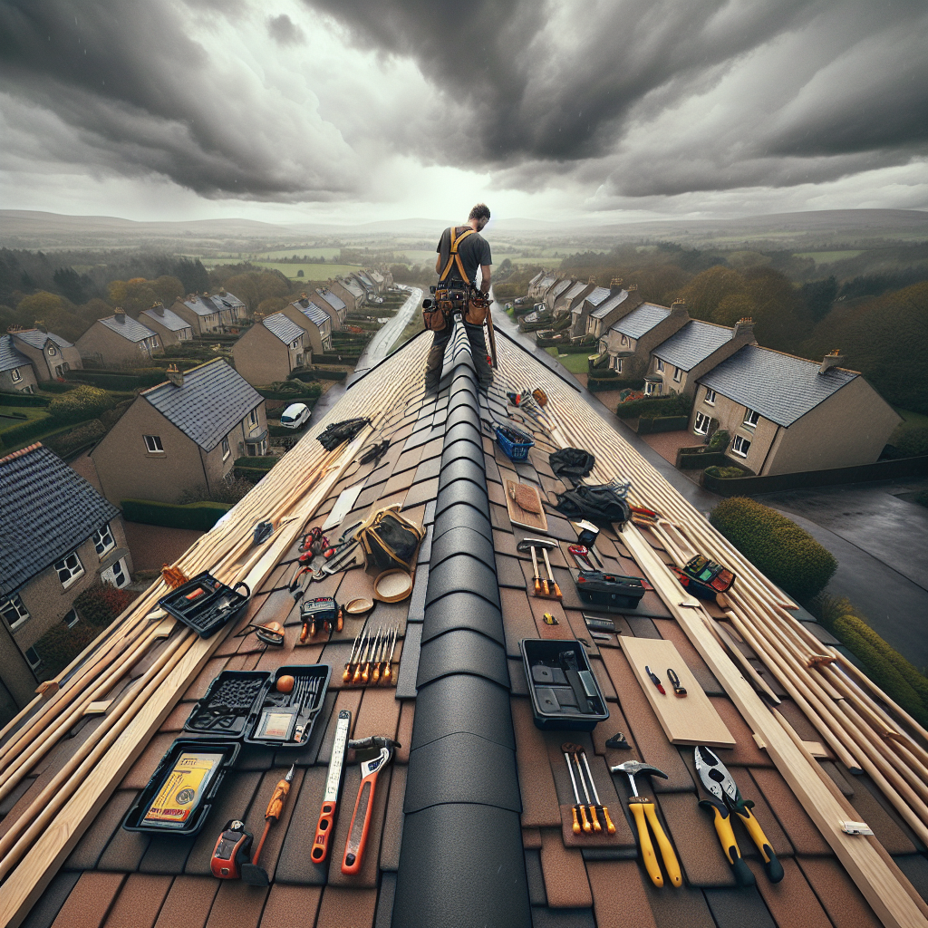 Professional roofers working on a house in Fife with tools and scaffolding