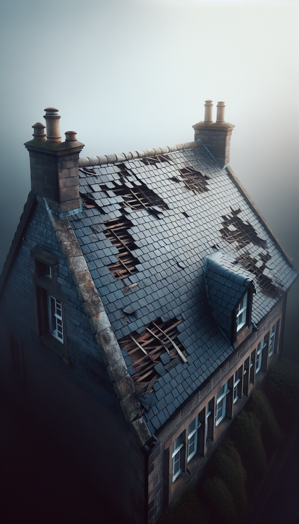 Close-up of a slate roof with missing tiles