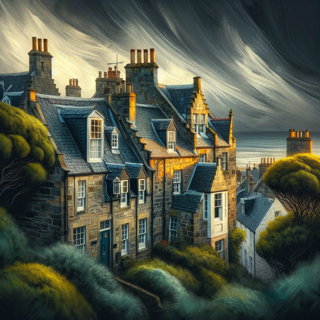 St Andrews slate roofs under stormy sky