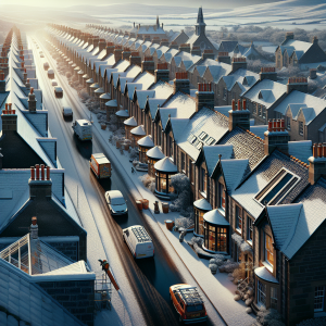A snowy roof with icicles in winter