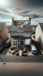 Roof showing signs of a leak with a drip tray for collection