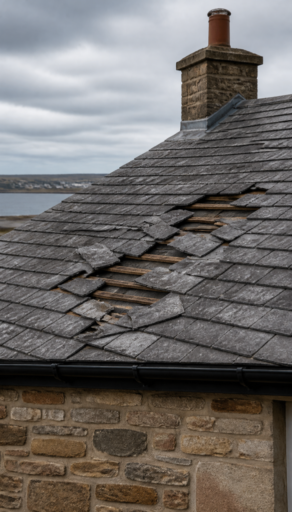 Residential roof in Fife under stormy skies