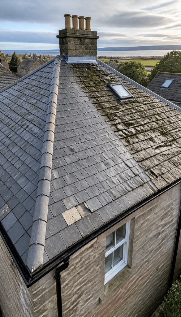 Aerial view of a residential roof in Fife